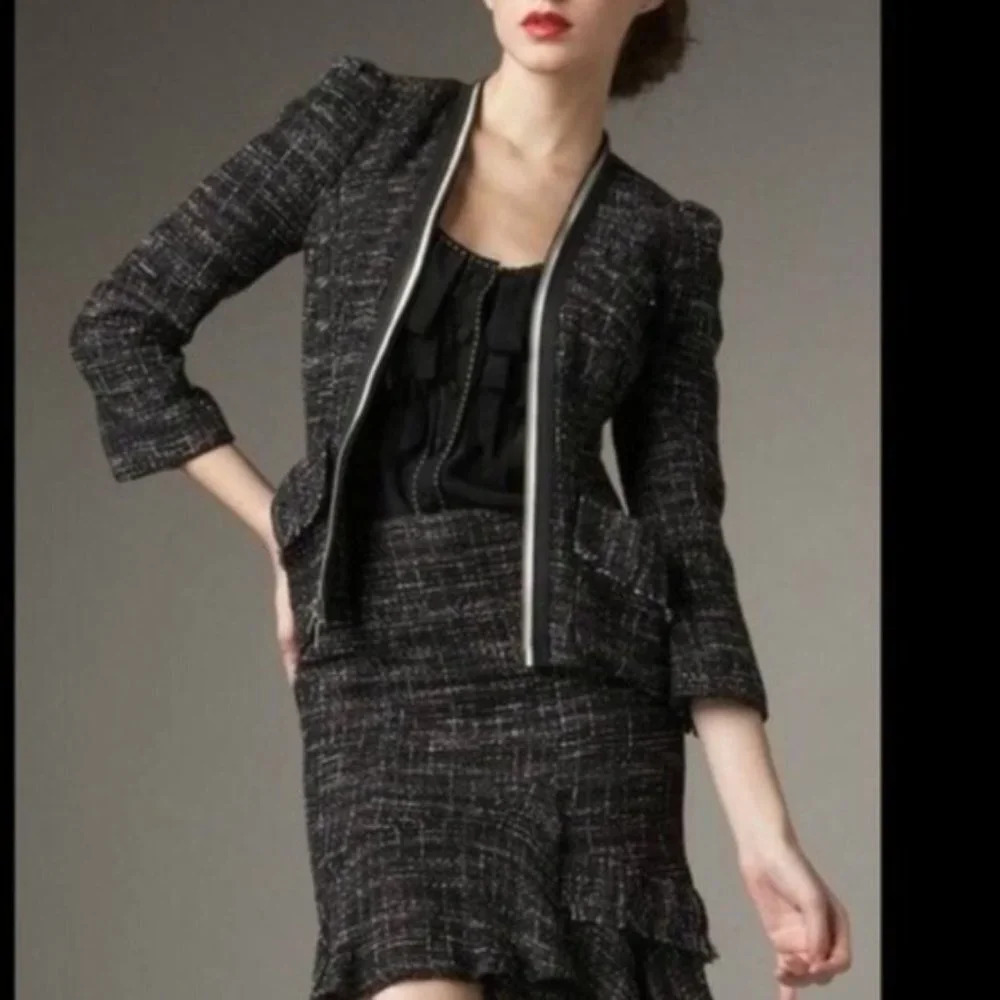 Nanette Lepore Black & White Linen Cotton 3/4 sleeves Tweed Zip Jacket Size 6